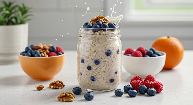 두뇌 음식 레시피, 아침 식사, 오트밀 레시피, 견과류, 베리류, 오버나이트 오트밀, 베리 스무디, 뇌 활성 음식, 5분 아침 식사, 브레인 푸드